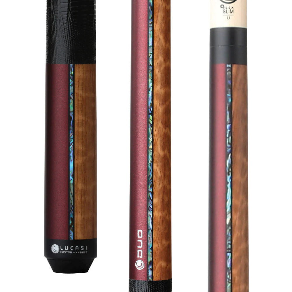 Lucasi Custom Duo Garnet Red/Exotic Apitong Cue With Embossed Leather Wrap